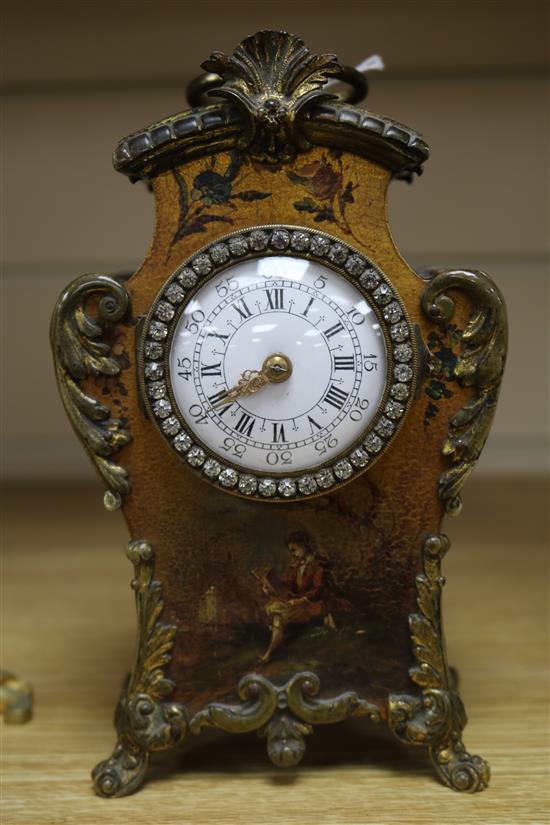 An early 20th century French Vernis Martin style timepiece, with paste set dial 18cm.